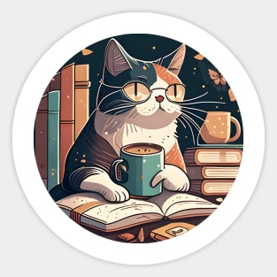 Cat Caffeine Addiction Coffee Reading Book - Love Cats Sticker